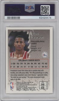 Allen Iverson from the 1996-97 Topps Finest set featuring a W/ Coating parallel graded by PSA and given an overall grade of 9.