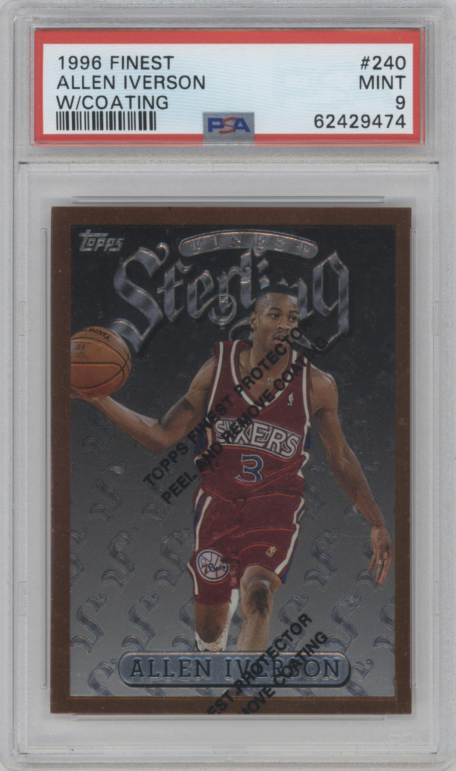 Allen Iverson from the 1996-97 Topps Finest set featuring a W/ Coating parallel graded by PSA and given an overall grade of 9.