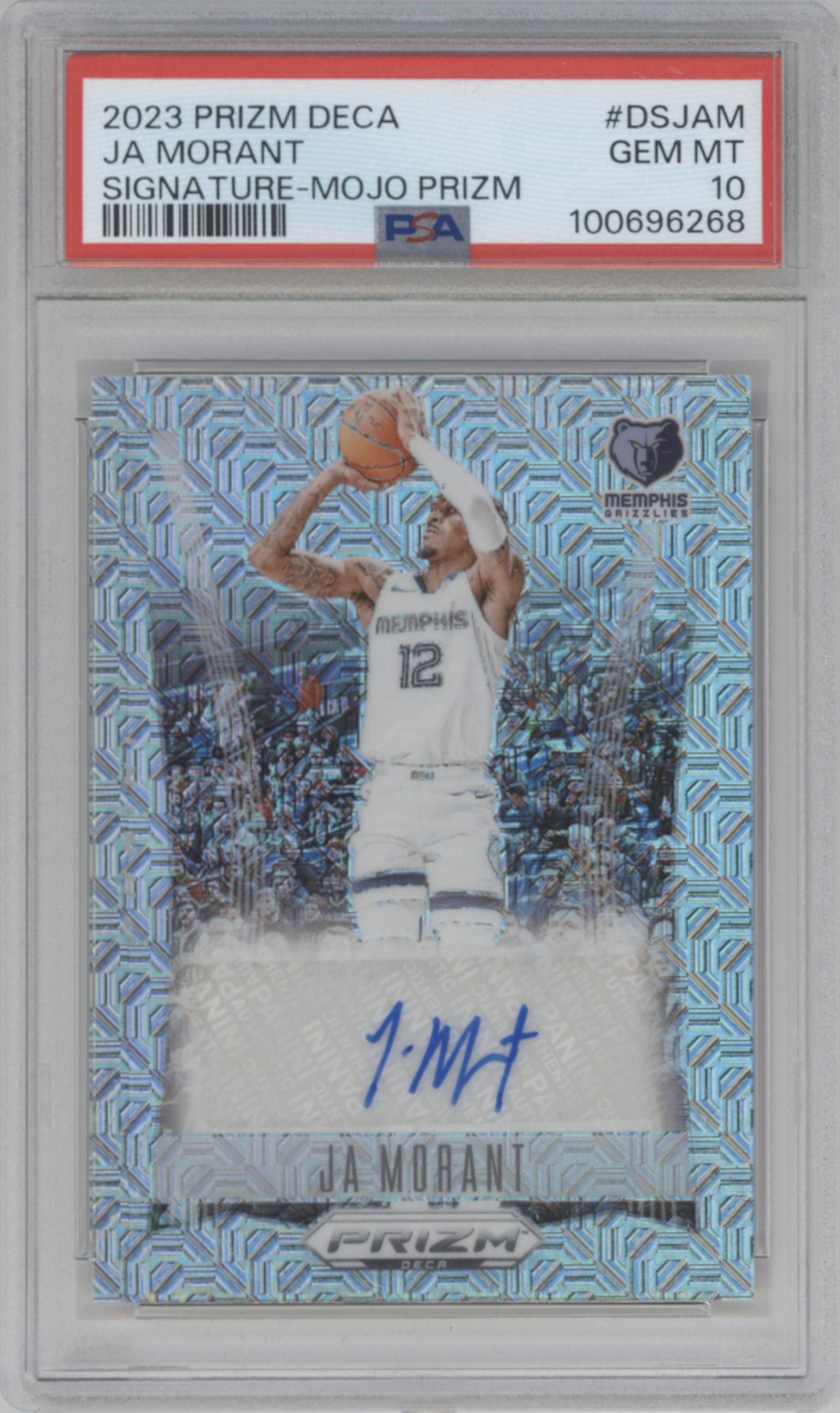 Ja Morant from the 2023-24 Panini Prizm Deca set featuring a Mojo parallel graded by PSA and given an overall grade of 10.