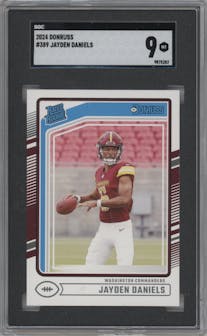 Jayden Daniels from the 2024 Donruss set graded by SGC and given an overall grade of 9.