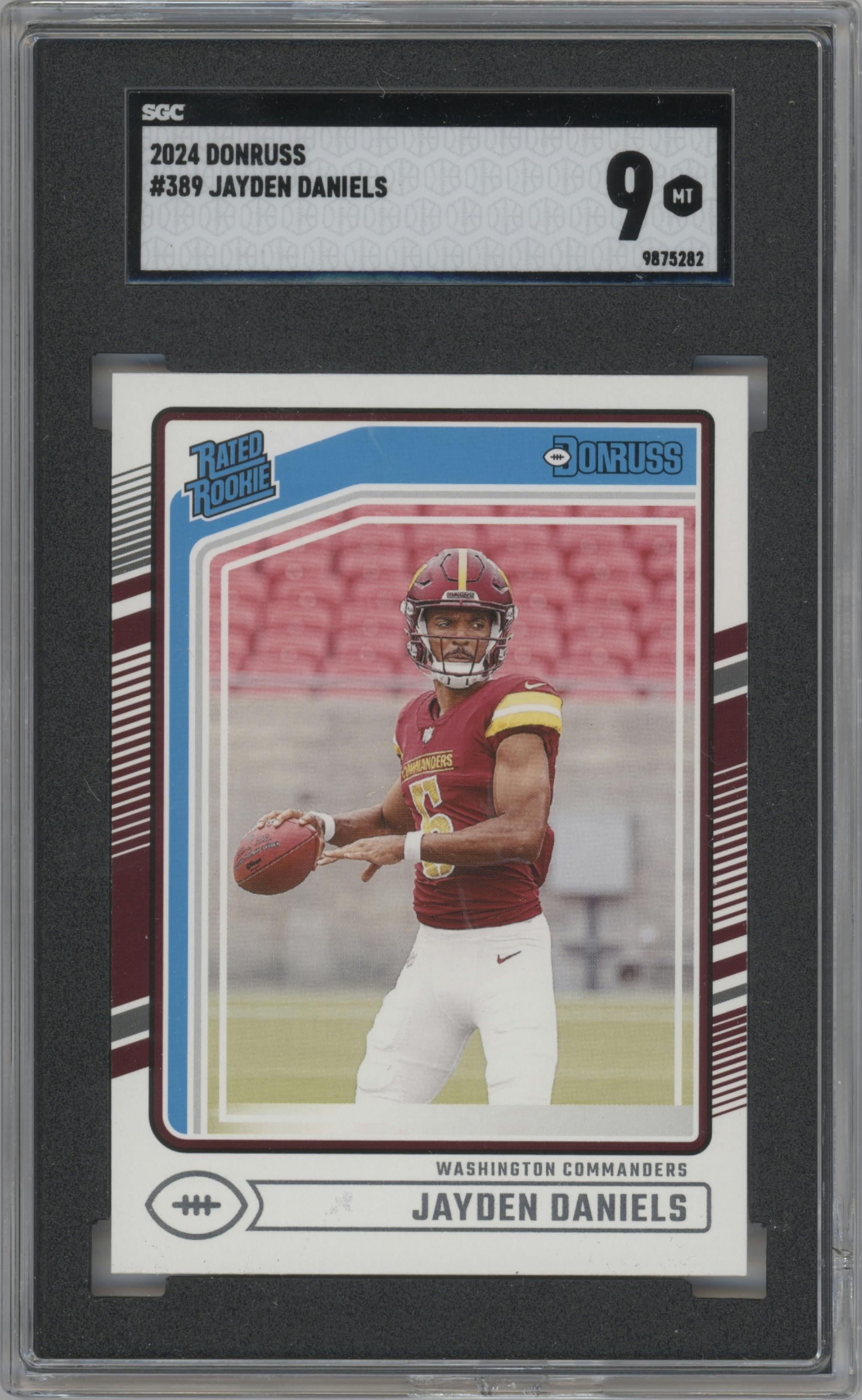 Jayden Daniels from the 2024 Donruss set graded by SGC and given an overall grade of 9.