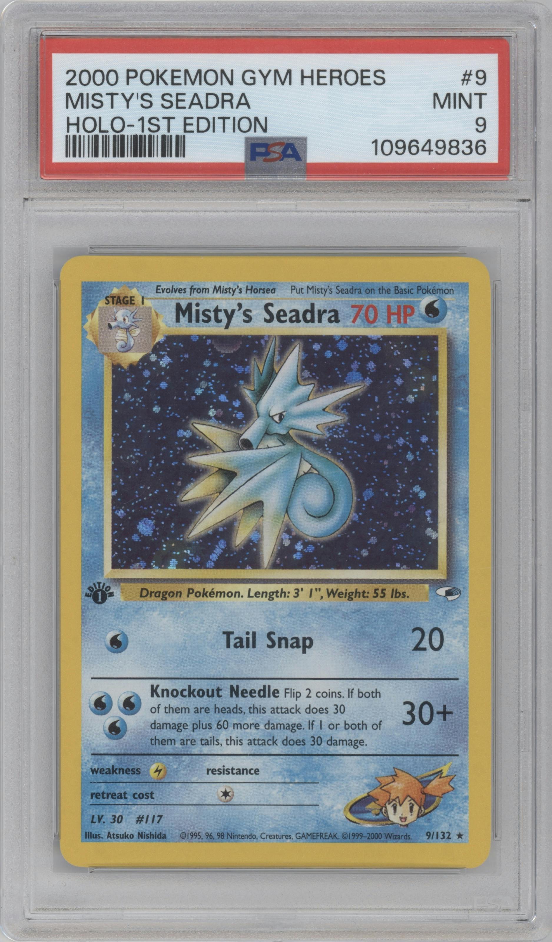 Misty's Seadra from the 2000 Pokemon GH set graded by PSA and given an overall grade of 9.
