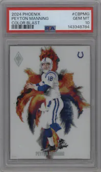 Peyton Manning from the 2024 Panini Phoenix set graded by PSA and given an overall grade of 10.