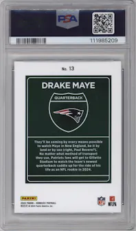 Drake Maye from the 2024 Donruss set graded by PSA and given an overall grade of 9.