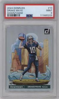 Drake Maye from the 2024 Donruss set graded by PSA and given an overall grade of 9.