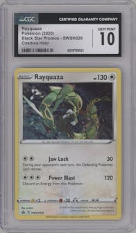 Rayquaza from the 2020 Pokemon SWSH set featuring a Triple Blisters Pack parallel graded by CSG and given an overall grade of 10.