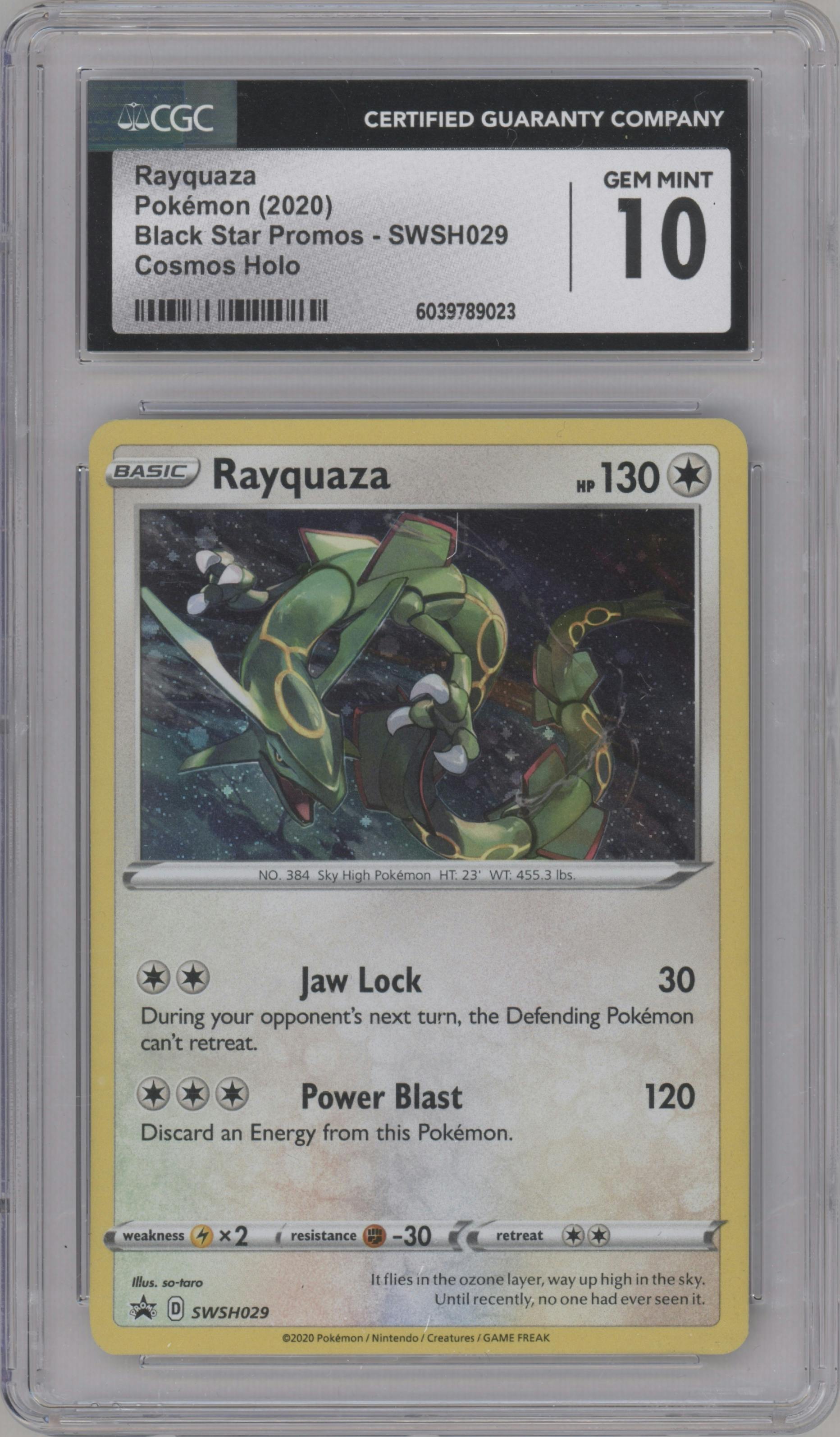 Rayquaza from the 2020 Pokemon SWSH set featuring a Triple Blisters Pack parallel graded by CSG and given an overall grade of 10.