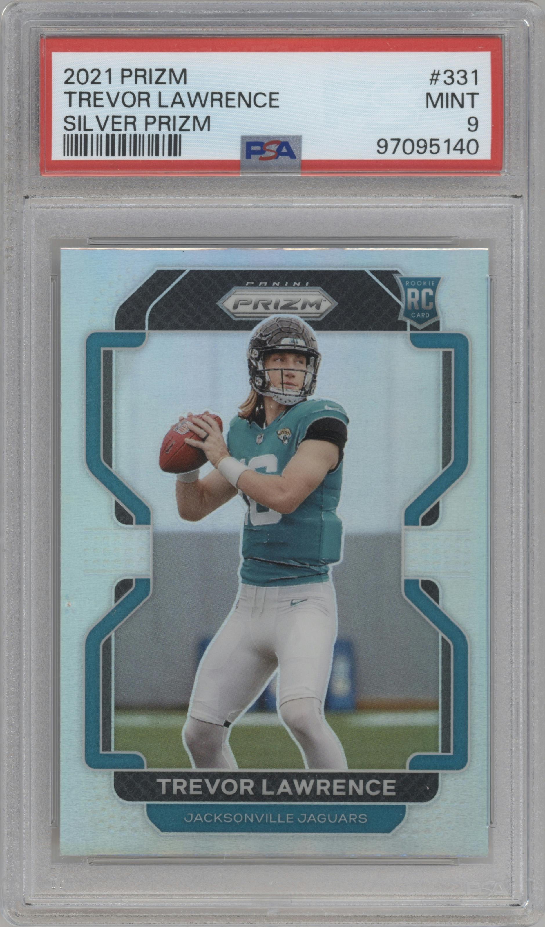 Trevor Lawrence from the 2021 Panini Prizm set featuring a Silver Prizm parallel graded by PSA and given an overall grade of 9.