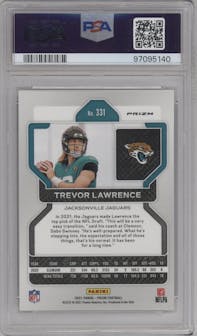 Trevor Lawrence from the 2021 Panini Prizm set featuring a Silver Prizm parallel graded by PSA and given an overall grade of 9.