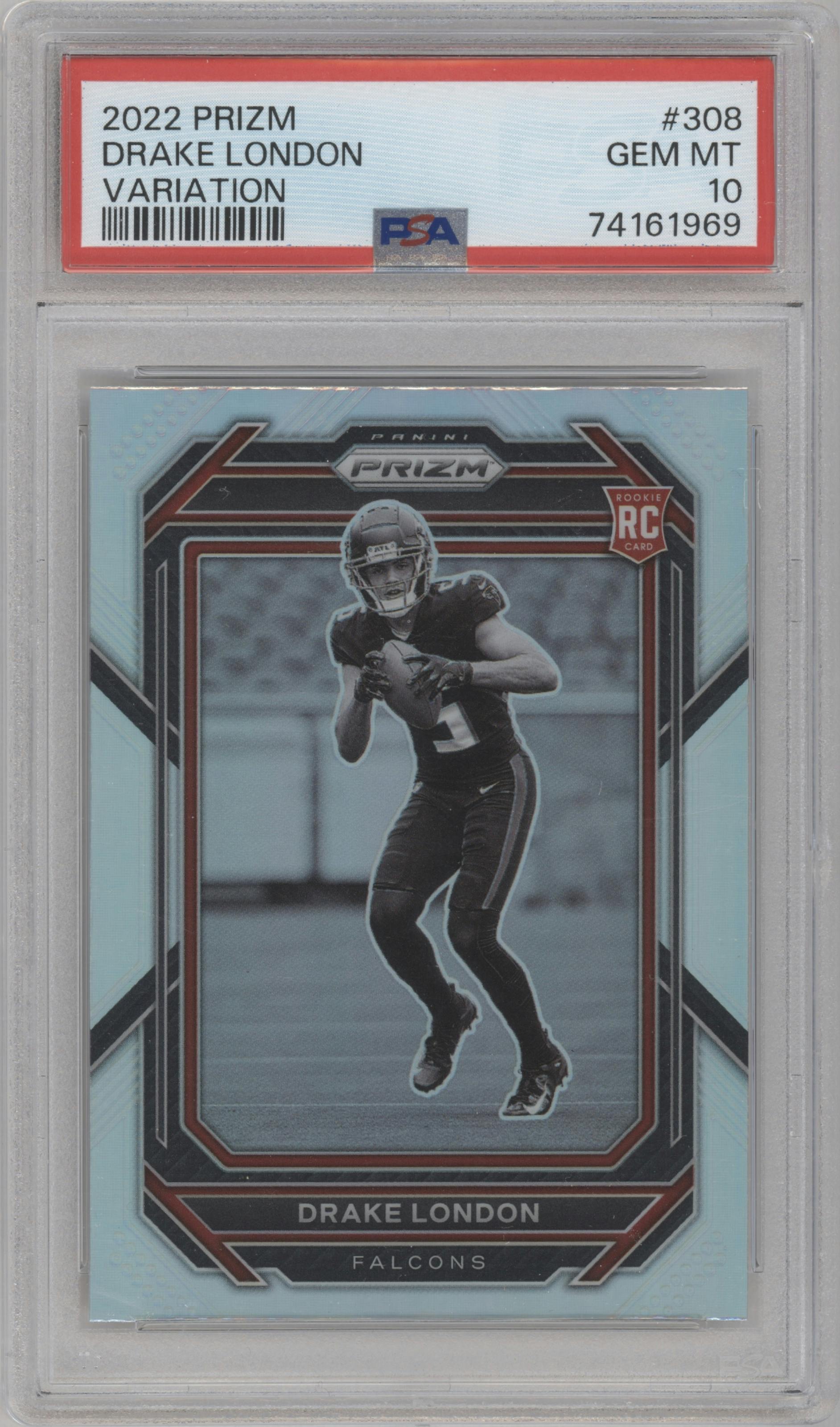 Drake London from the 2022 Panini Prizm set graded by PSA and given an overall grade of 10.