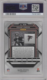 Drake London from the 2022 Panini Prizm set graded by PSA and given an overall grade of 10.