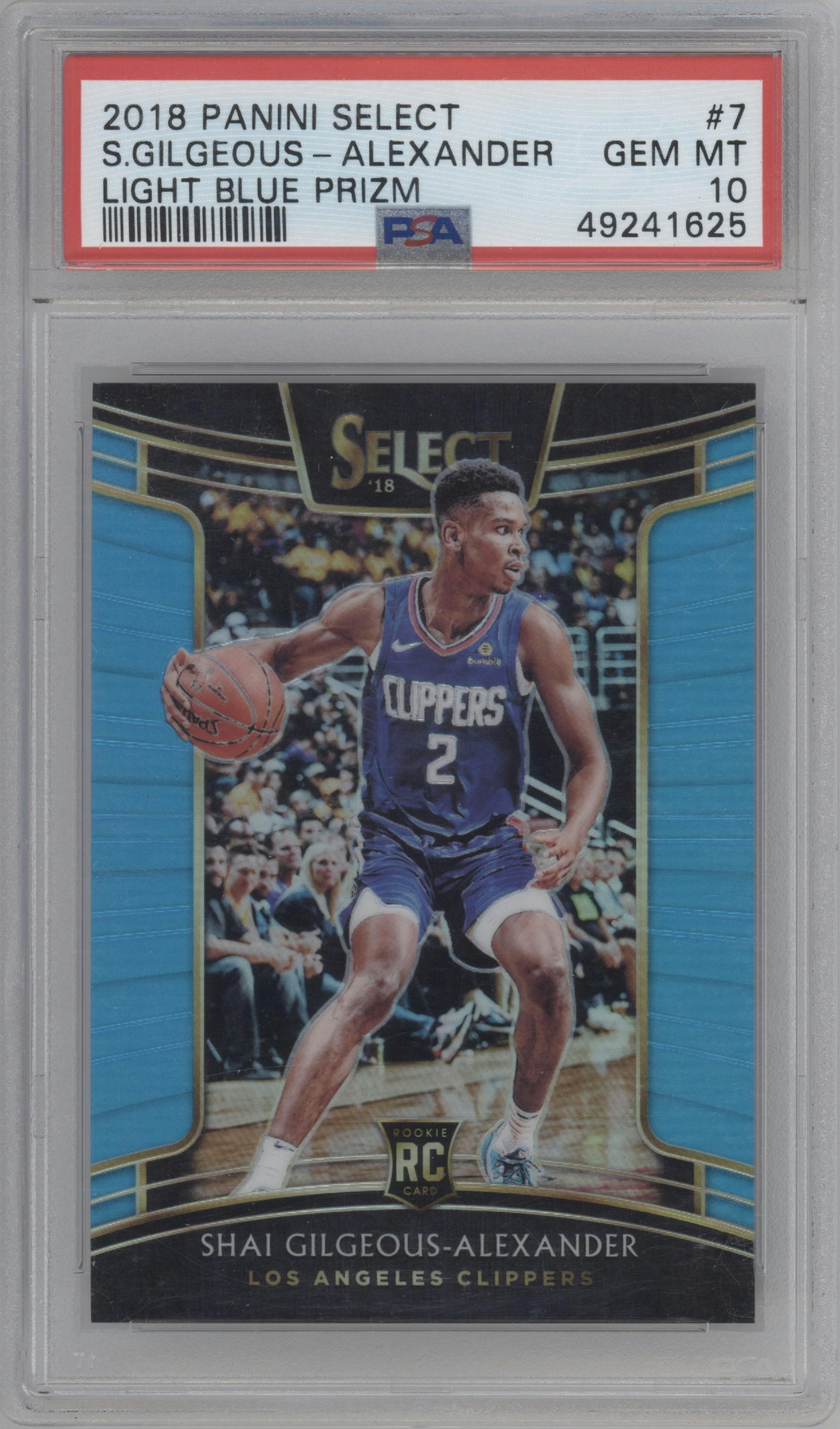Shai Gilgeous-Alexander from the 2018-19 Panini Select  set featuring a Light Blue Prizm parallel graded by PSA and given an overall grade of 10.