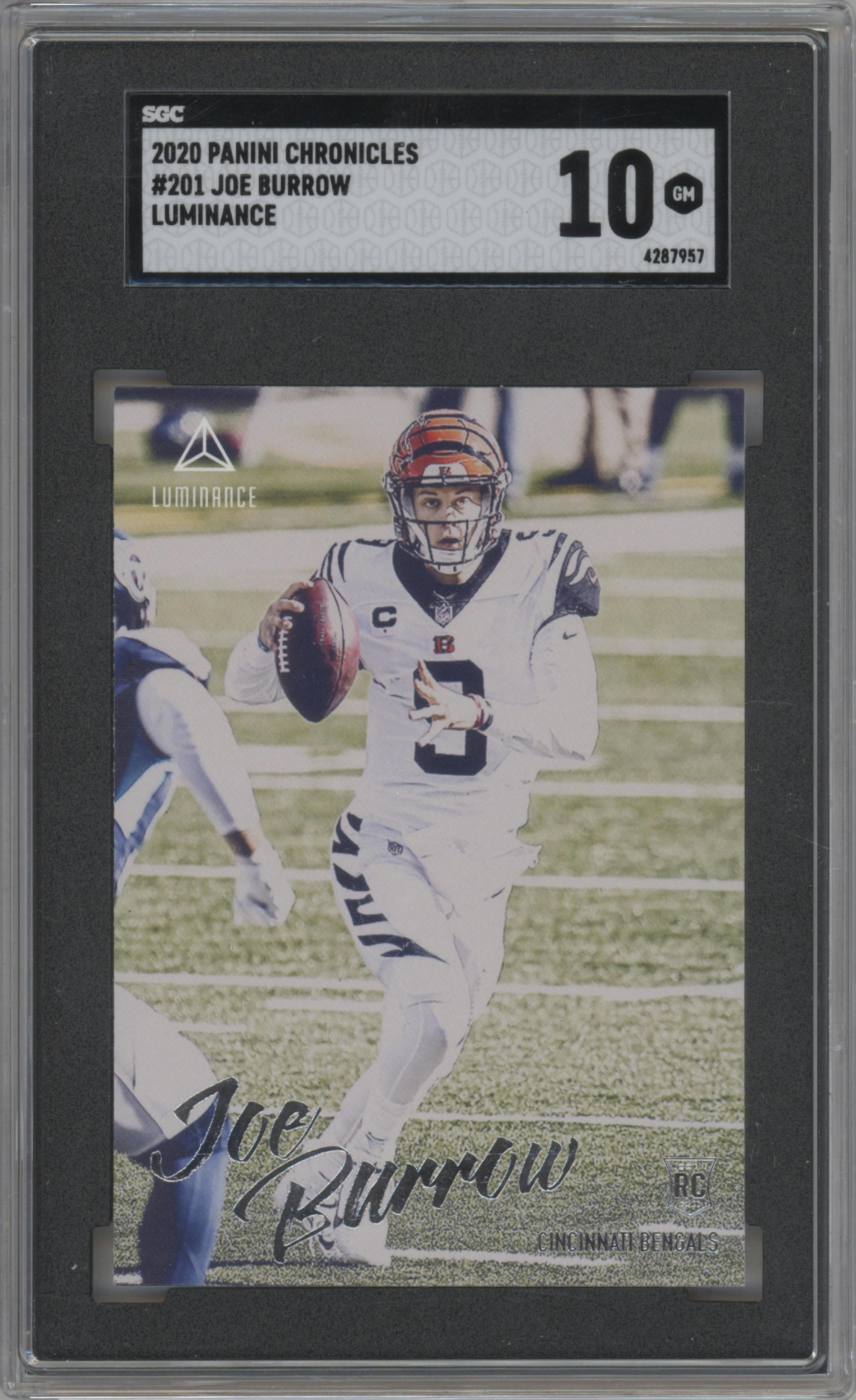 Joe Burrow from the 2020 Panini Chronicles set graded by SGC and given an overall grade of 10.
