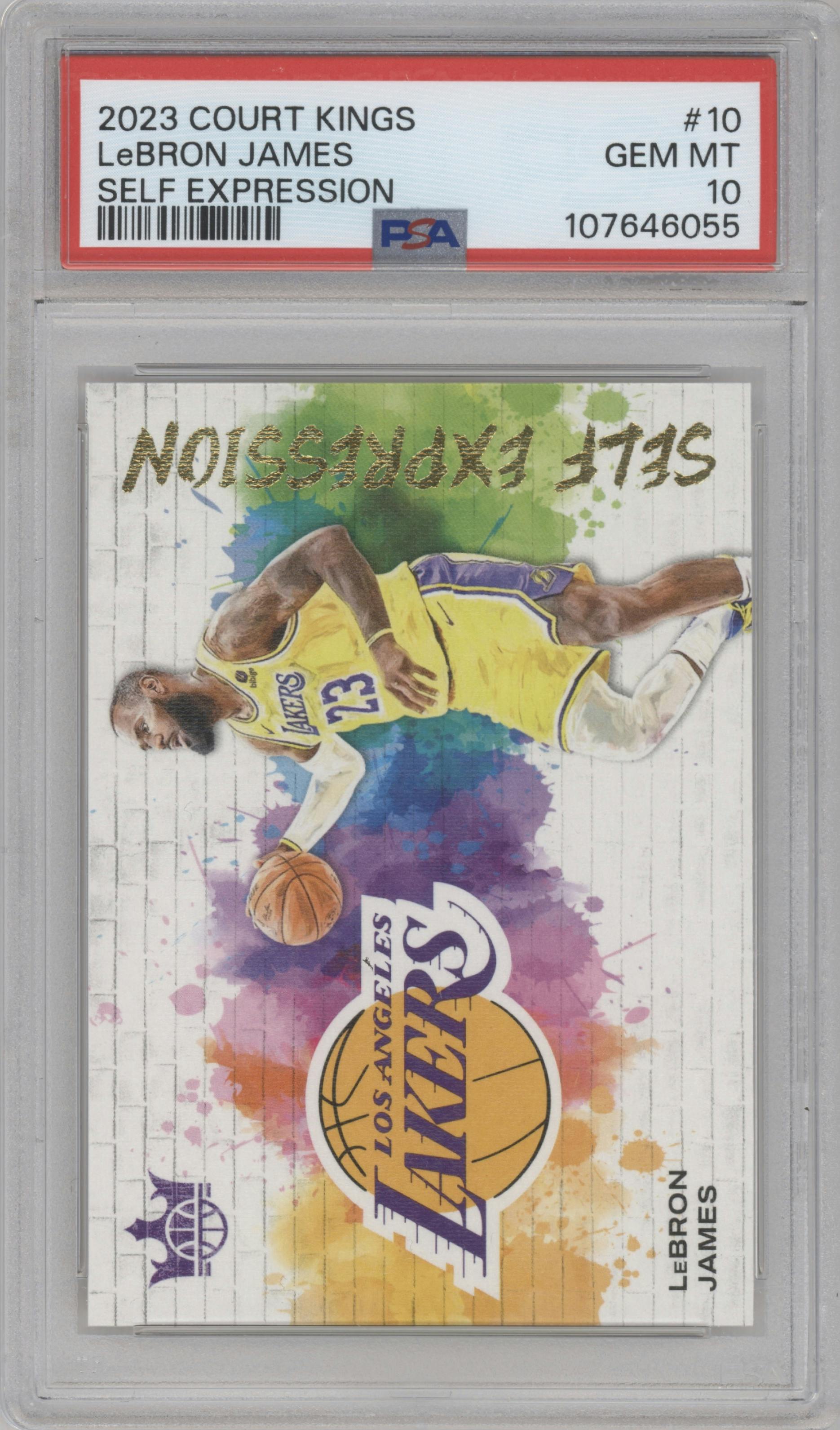 LeBron James from the 2023-24 Panini Court Kings set graded by PSA and given an overall grade of 10.