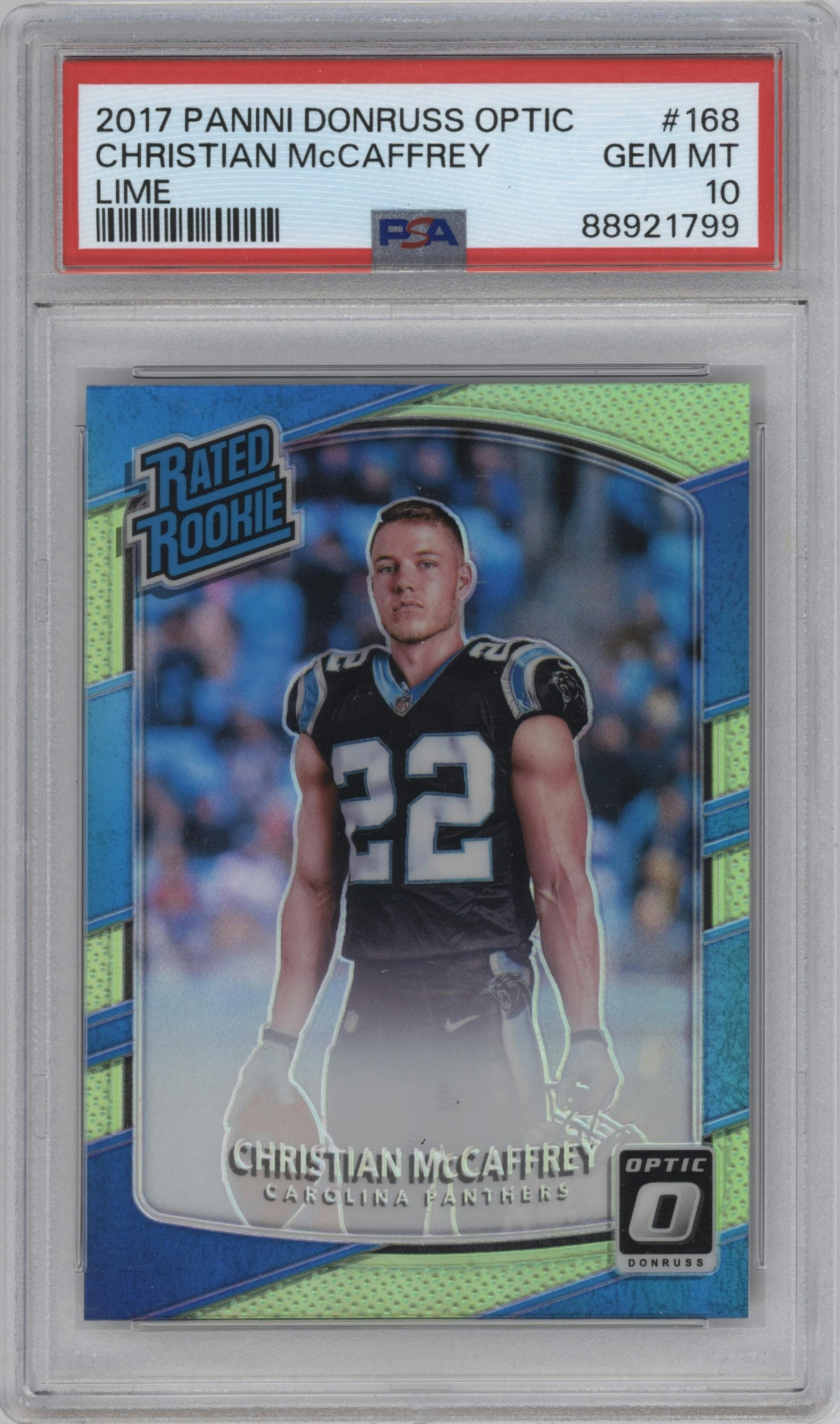 Christian McCaffrey from the 2017 Panini Donruss Optic set featuring a Lime parallel graded by PSA and given an overall grade of 10.