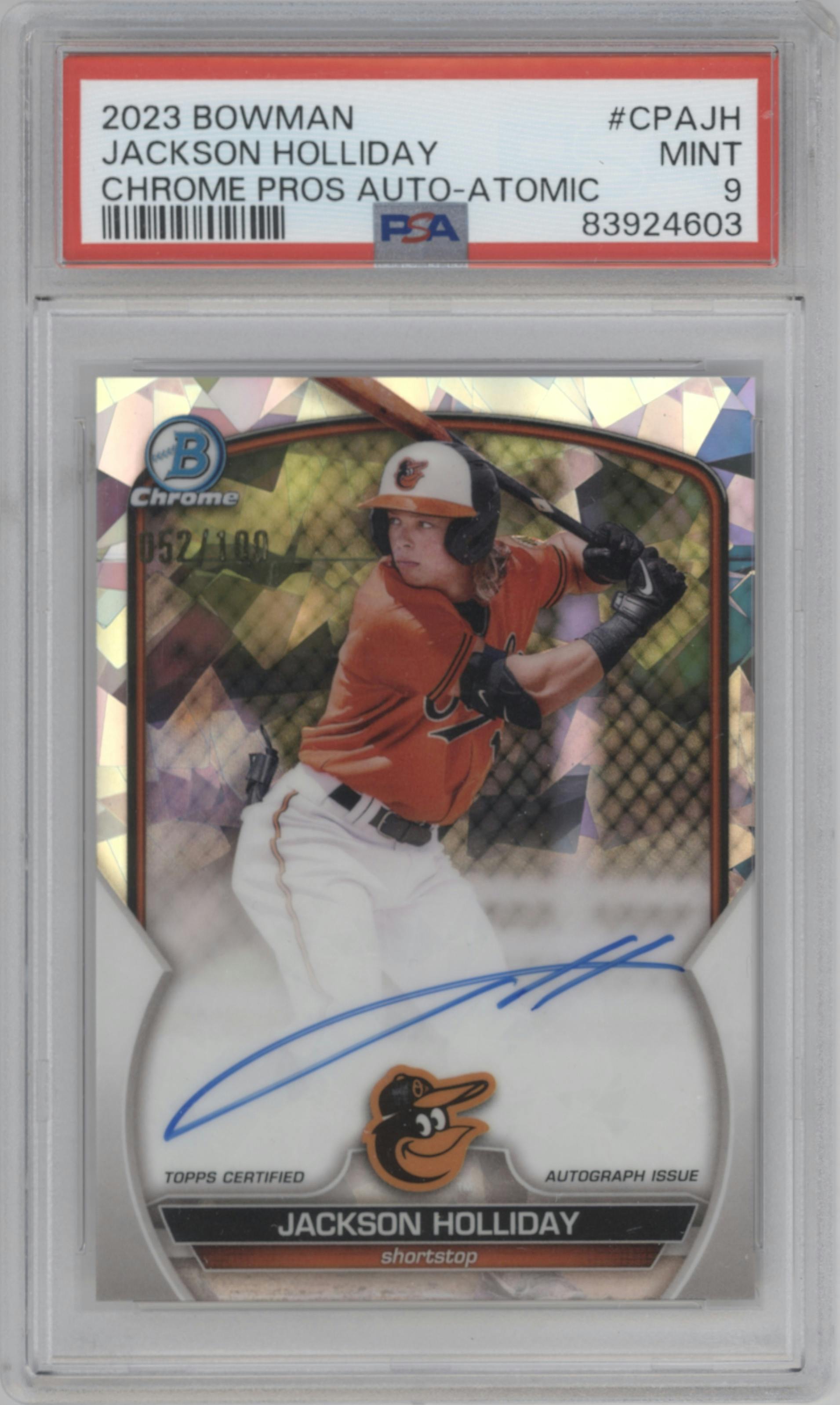 Jackson Holliday from the 2023 Bowman  set featuring a Atomic Refractor  parallel graded by PSA and given an overall grade of 9.