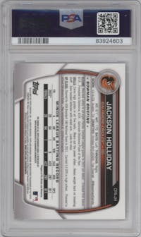 Jackson Holliday from the 2023 Bowman  set featuring a Atomic Refractor  parallel graded by PSA and given an overall grade of 9.