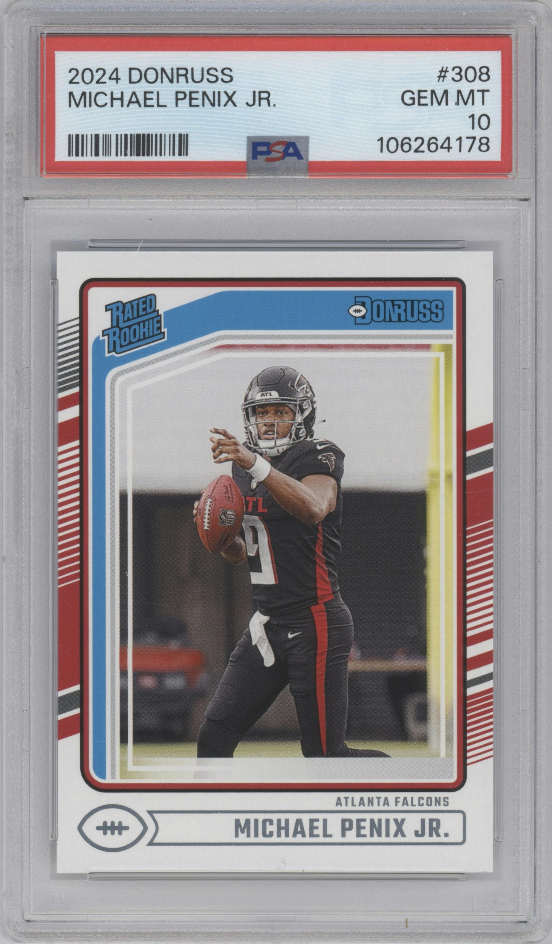 Michael Penix Jr. from the 2024 Donruss set graded by PSA and given an overall grade of 10.