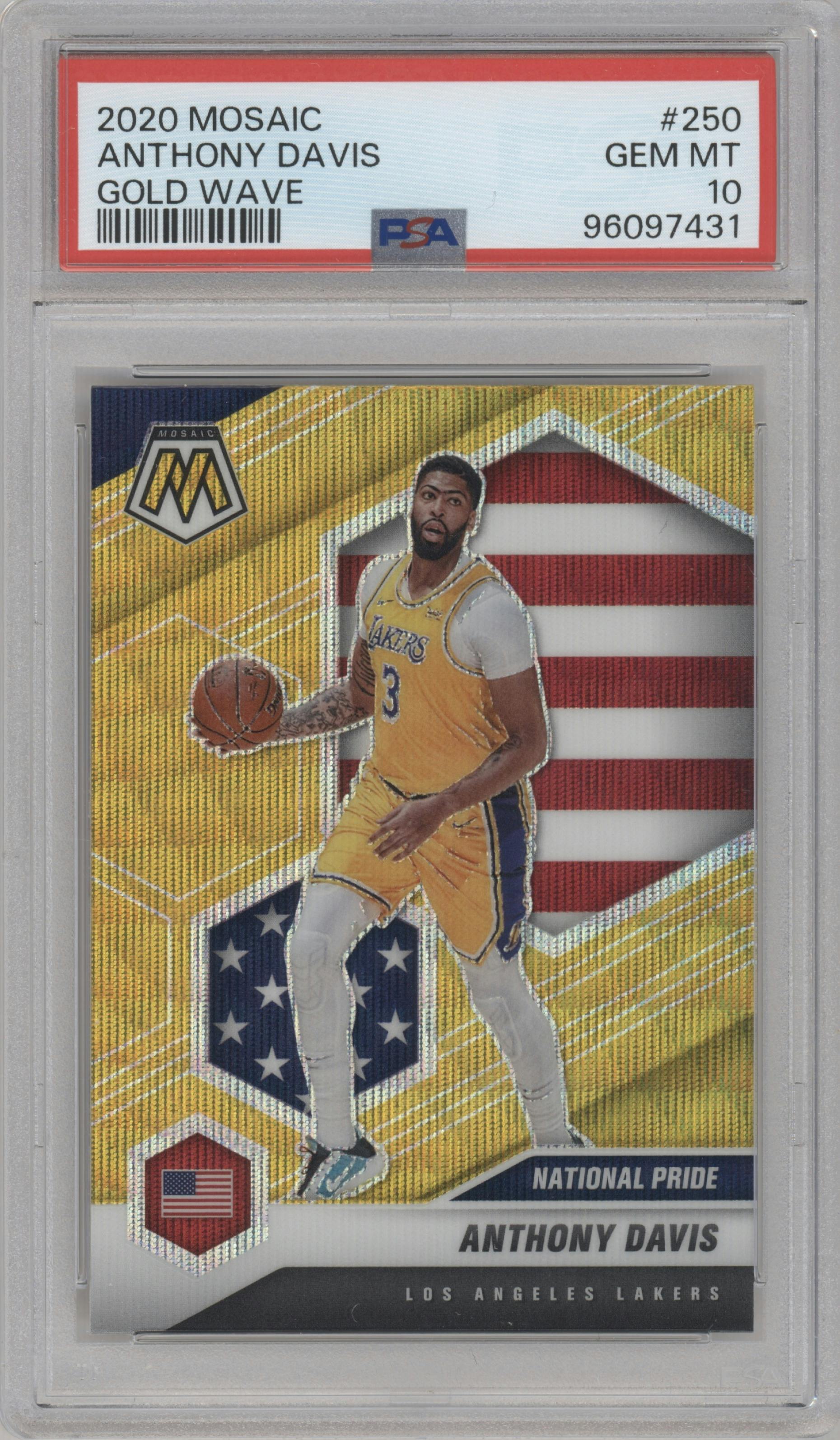Anthony Davis from the 2020-21 Panini Mosaic set featuring a Gold Wave parallel graded by PSA and given an overall grade of 10.