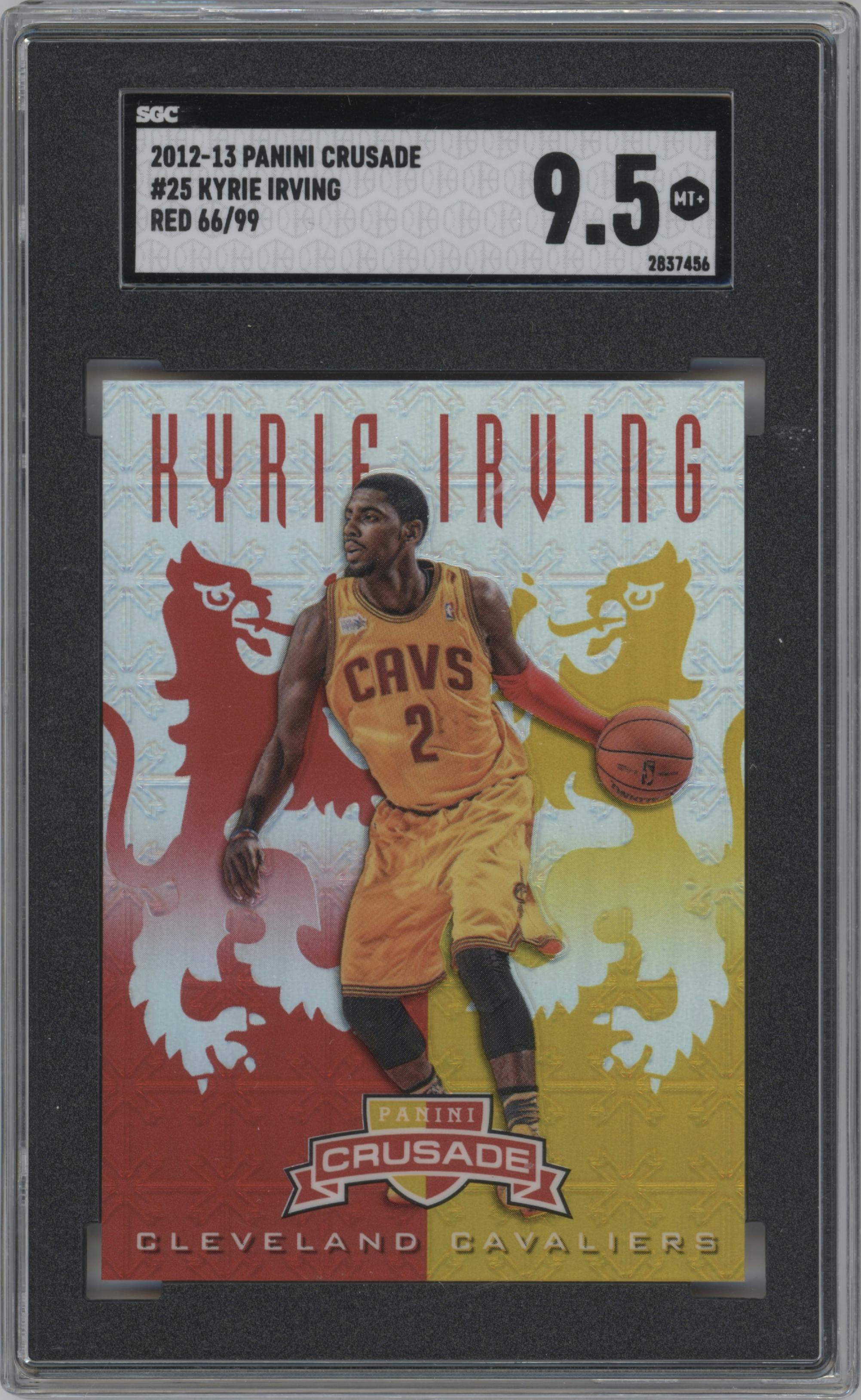 Kyrie Irving from the 2012-13 Panini Crusade set featuring a Red/Gold parallel graded by SGC and given an overall grade of 9.5.
