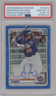 Francisco Alvarez from the 2020 Bowman Chrome set featuring a Blue Refractor parallel graded by PSA and given an overall grade of 10.