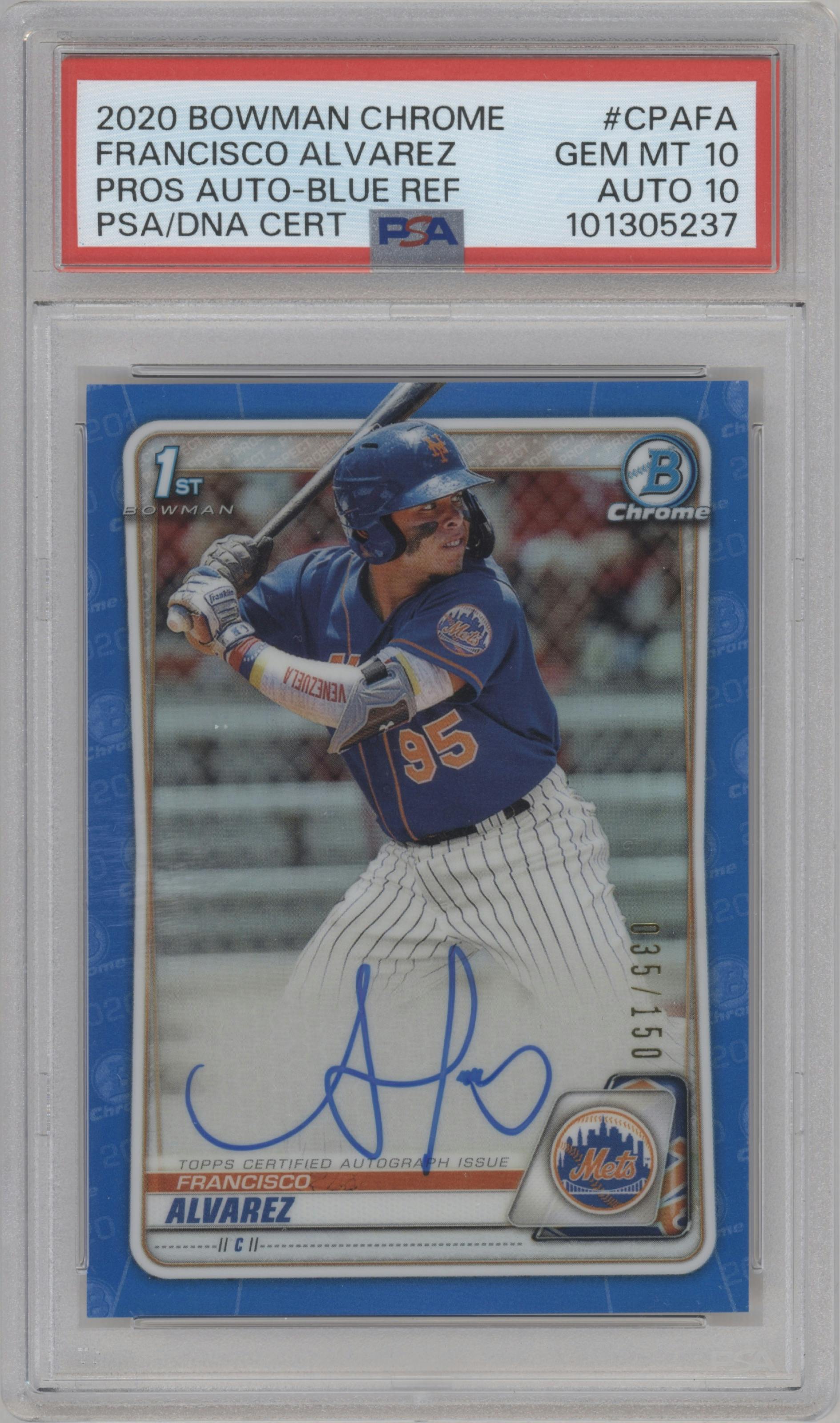 Francisco Alvarez from the 2020 Bowman Chrome set featuring a Blue Refractor parallel graded by PSA and given an overall grade of 10.