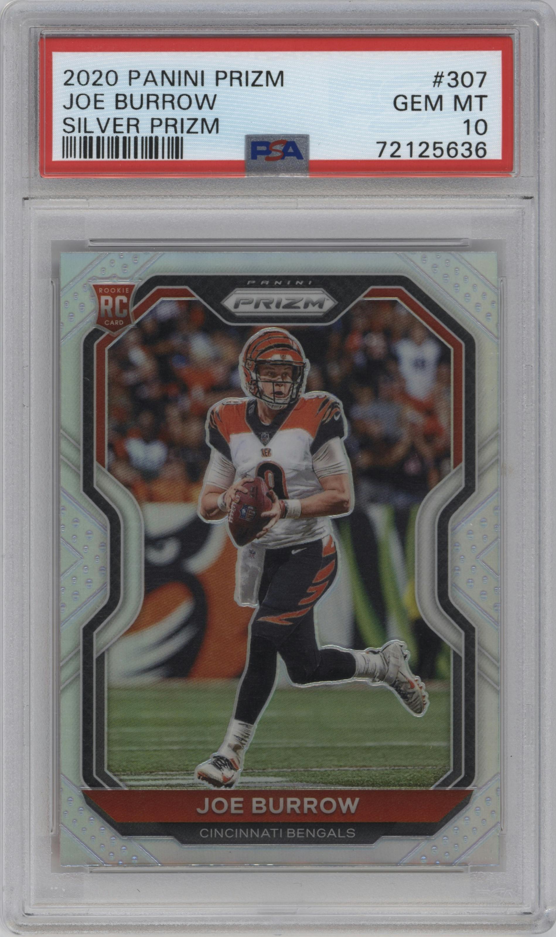 Joe Burrow from the 2020 Panini Prizm set featuring a Silver Prizm parallel graded by PSA and given an overall grade of 10.
