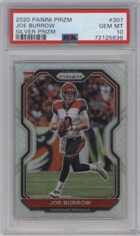 Joe Burrow from the 2020 Panini Prizm set featuring a Silver Prizm parallel graded by PSA and given an overall grade of 10.