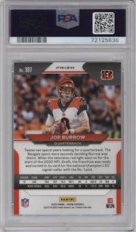 Joe Burrow from the 2020 Panini Prizm set featuring a Silver Prizm parallel graded by PSA and given an overall grade of 10.