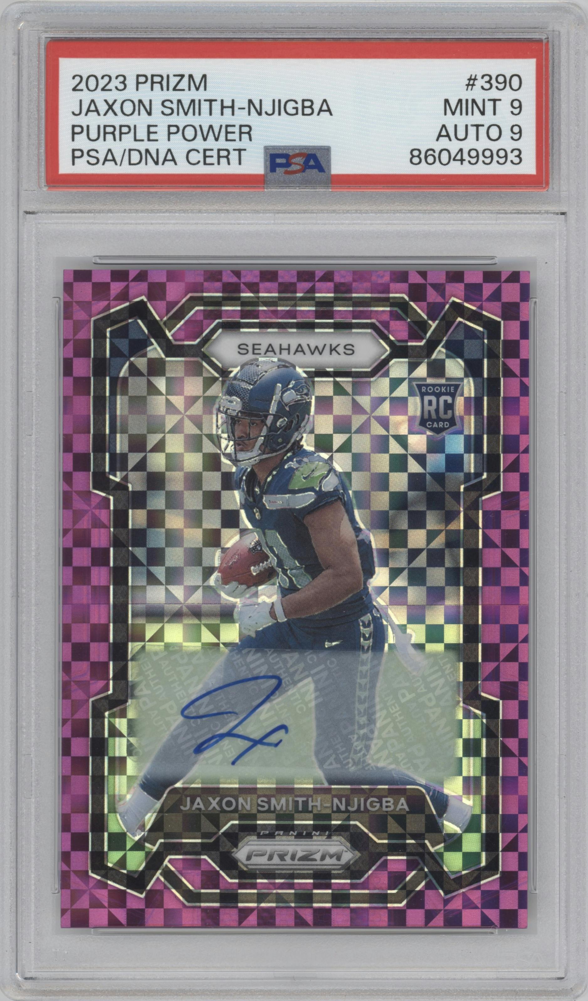 Jaxon Smith-Njigba from the 2023 Panini Prizm set featuring a Purple Power parallel graded by PSA and given an overall grade of 9.