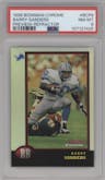 Barry Sanders from the 1998 Bowman set featuring a Refractor parallel graded by PSA and given an overall grade of 8.