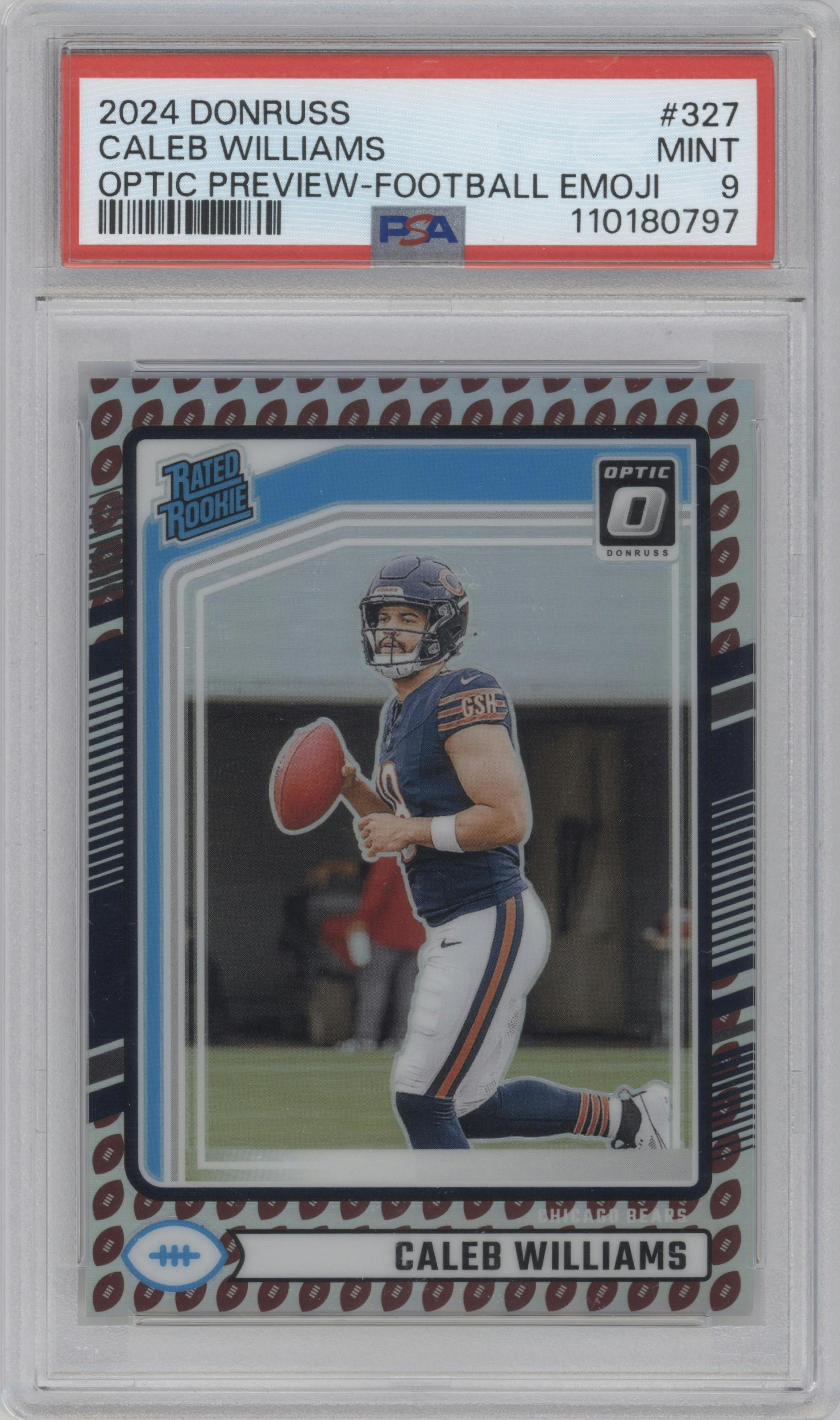 Caleb Williams from the 2024 Donruss set featuring a Football Emoji parallel graded by PSA and given an overall grade of 9.