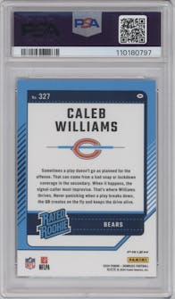 Caleb Williams from the 2024 Donruss set featuring a Football Emoji parallel graded by PSA and given an overall grade of 9.
