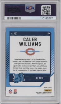 Caleb Williams from the 2024 Donruss set featuring a Football Emoji parallel graded by PSA and given an overall grade of 9.