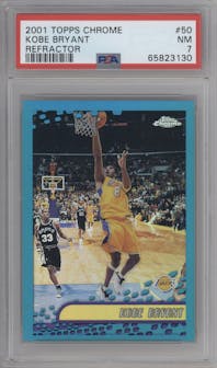 Kobe Bryant from the 2001-02 Topps Chrome set featuring a Refractor parallel graded by PSA and given an overall grade of 7.