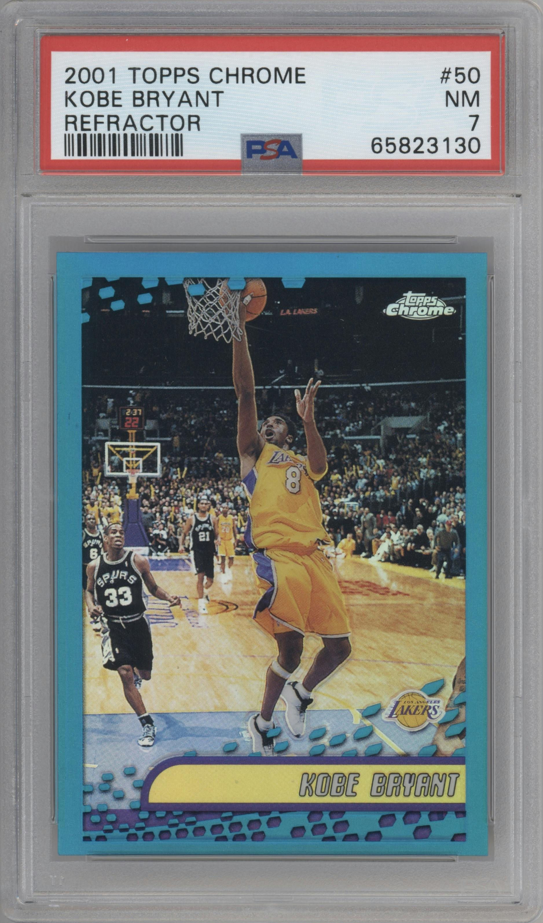 Kobe Bryant from the 2001-02 Topps Chrome set featuring a Refractor parallel graded by PSA and given an overall grade of 7.