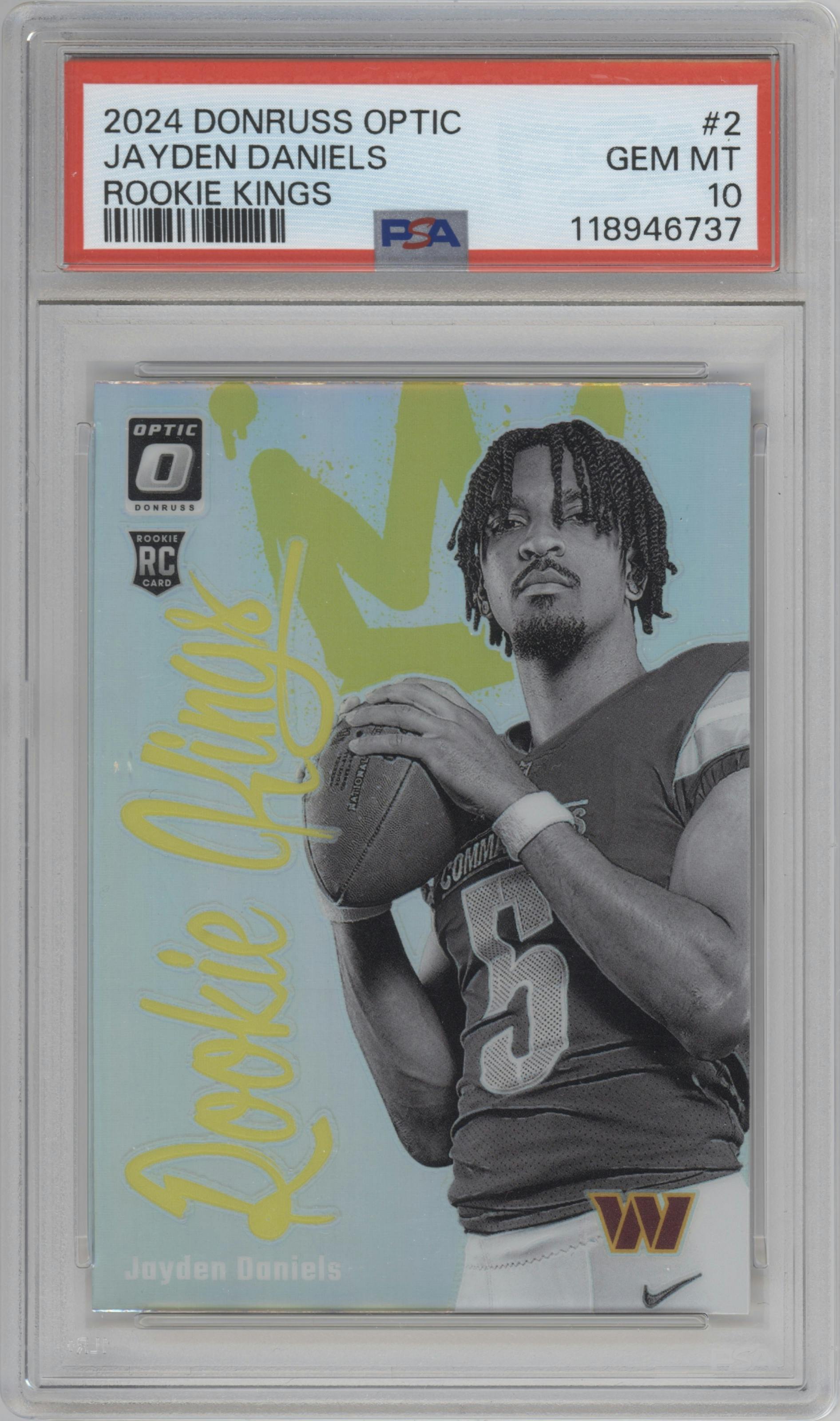 Jayden Daniels from the 2024 Donruss Optic set graded by PSA and given an overall grade of 10.