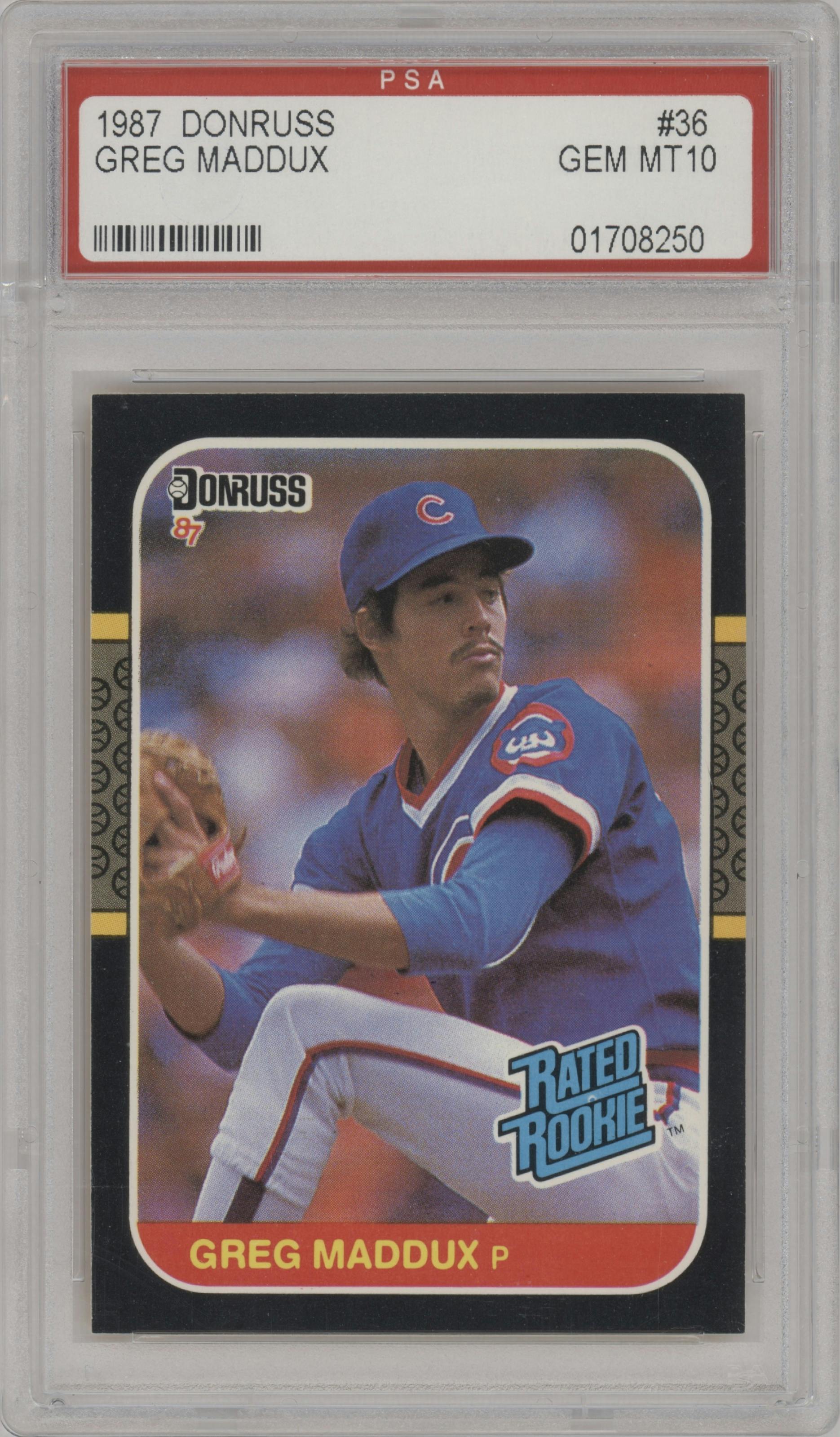 Greg Maddux from the 1987 Donruss set graded by PSA and given an overall grade of 10.