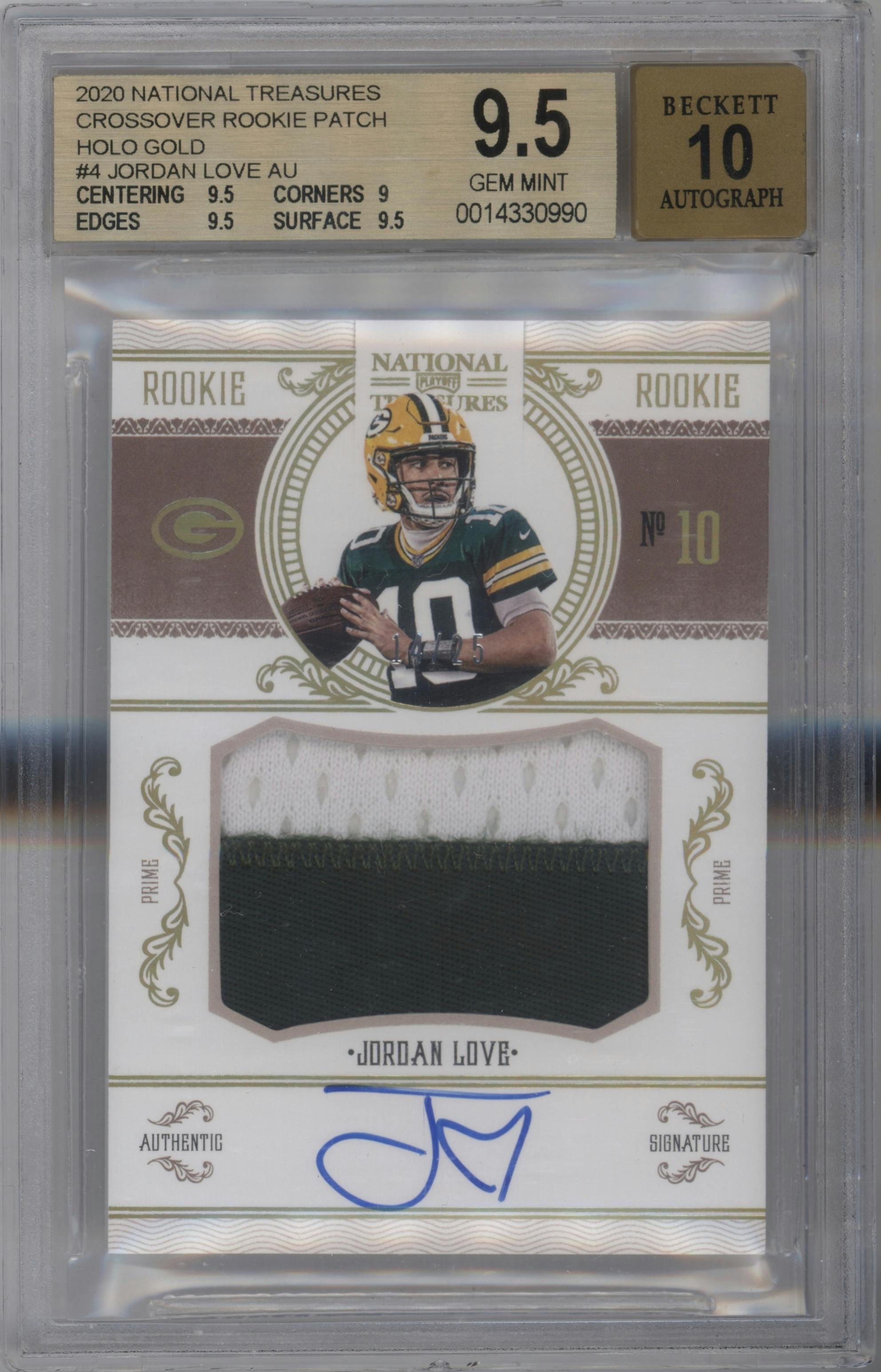 Jordan Love from the 2020 Panini National Treasures set featuring a Holo Gold parallel graded by Beckett and given an overall grade of 9.5.