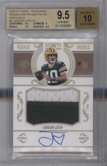 Jordan Love from the 2020 Panini National Treasures set featuring a Holo Gold parallel graded by Beckett and given an overall grade of 9.5.