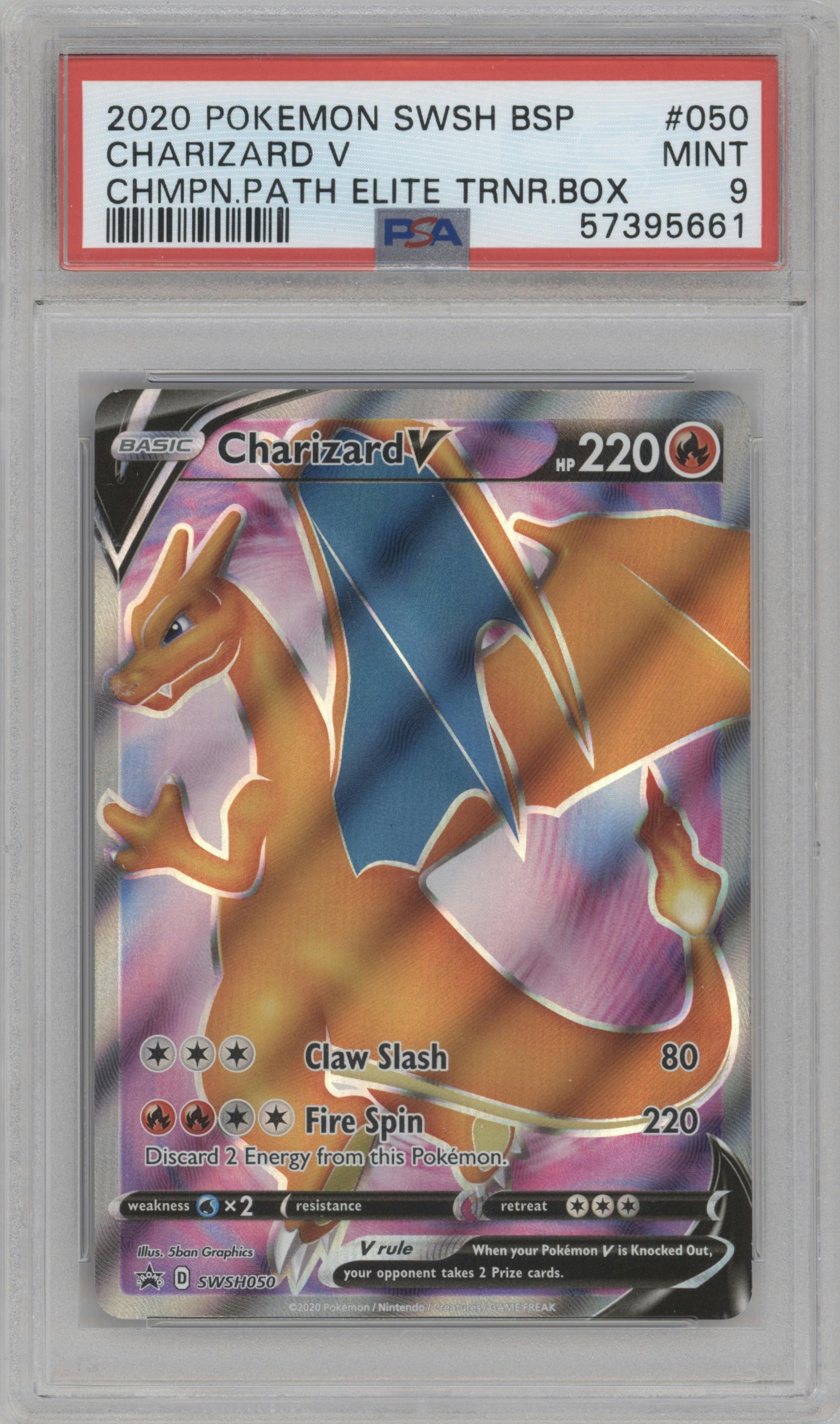 Charizard V from the 2020 Pokemon SWSH set featuring a Champion's Path ETB parallel graded by PSA and given an overall grade of 9.