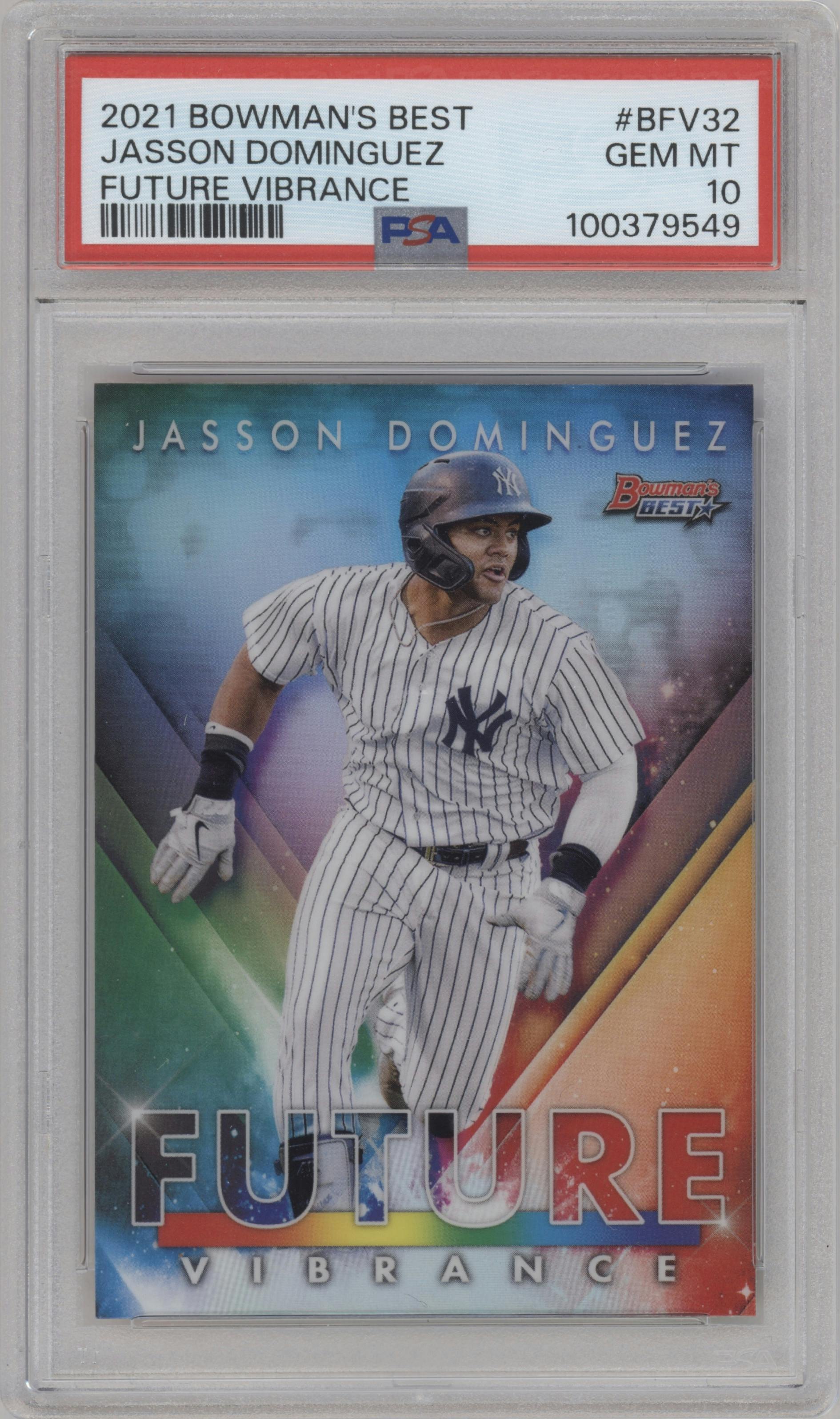 Jasson Dominguez from the 2021 Bowman’s Best set graded by PSA and given an overall grade of 10.