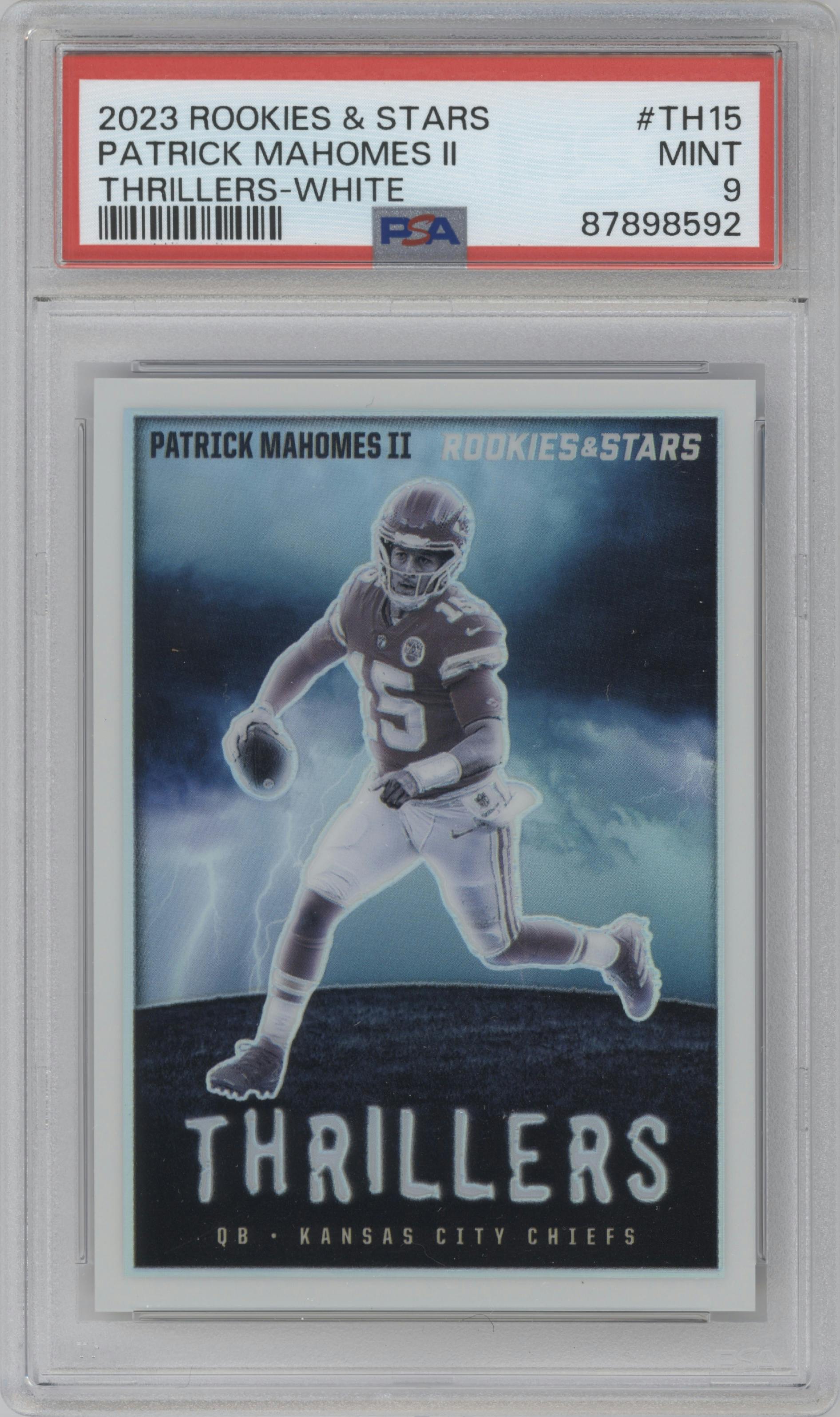 Patrick Mahomes II from the 2023 Panini Rookies & Stars set featuring a White parallel graded by PSA and given an overall grade of 9.