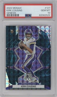 Kirk Cousins from the 2022 Panini Mosaic set featuring a Genesis parallel graded by PSA and given an overall grade of 10.