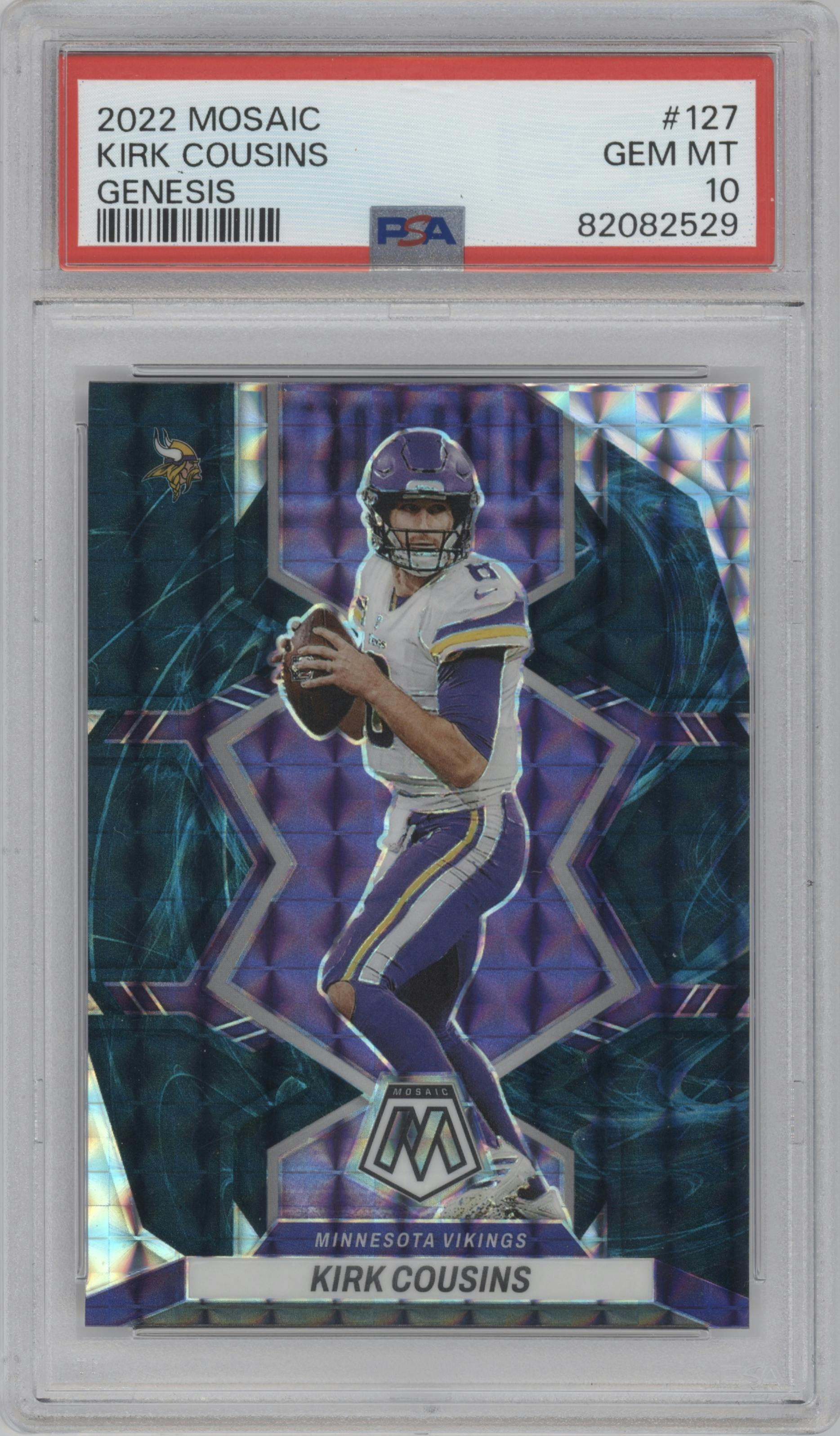 Kirk Cousins from the 2022 Panini Mosaic set featuring a Genesis parallel graded by PSA and given an overall grade of 10.