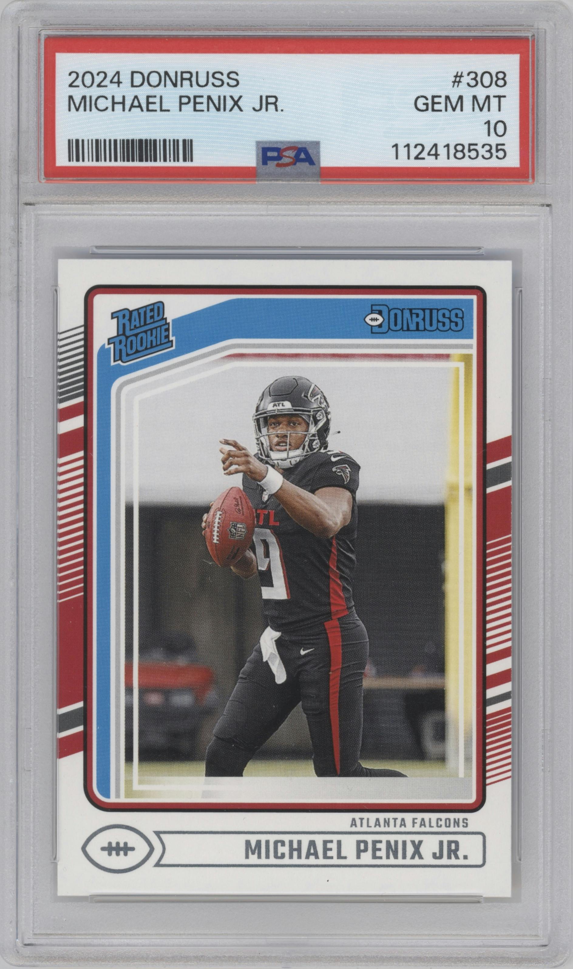 Michael Penix Jr. from the 2024 Donruss set graded by PSA and given an overall grade of 10.