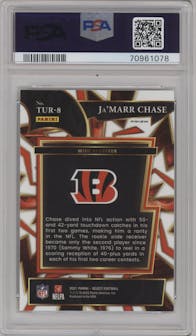 Ja'Marr Chase from the 2021 Panini Select set featuring a Silver Prizm parallel graded by PSA and given an overall grade of 9.