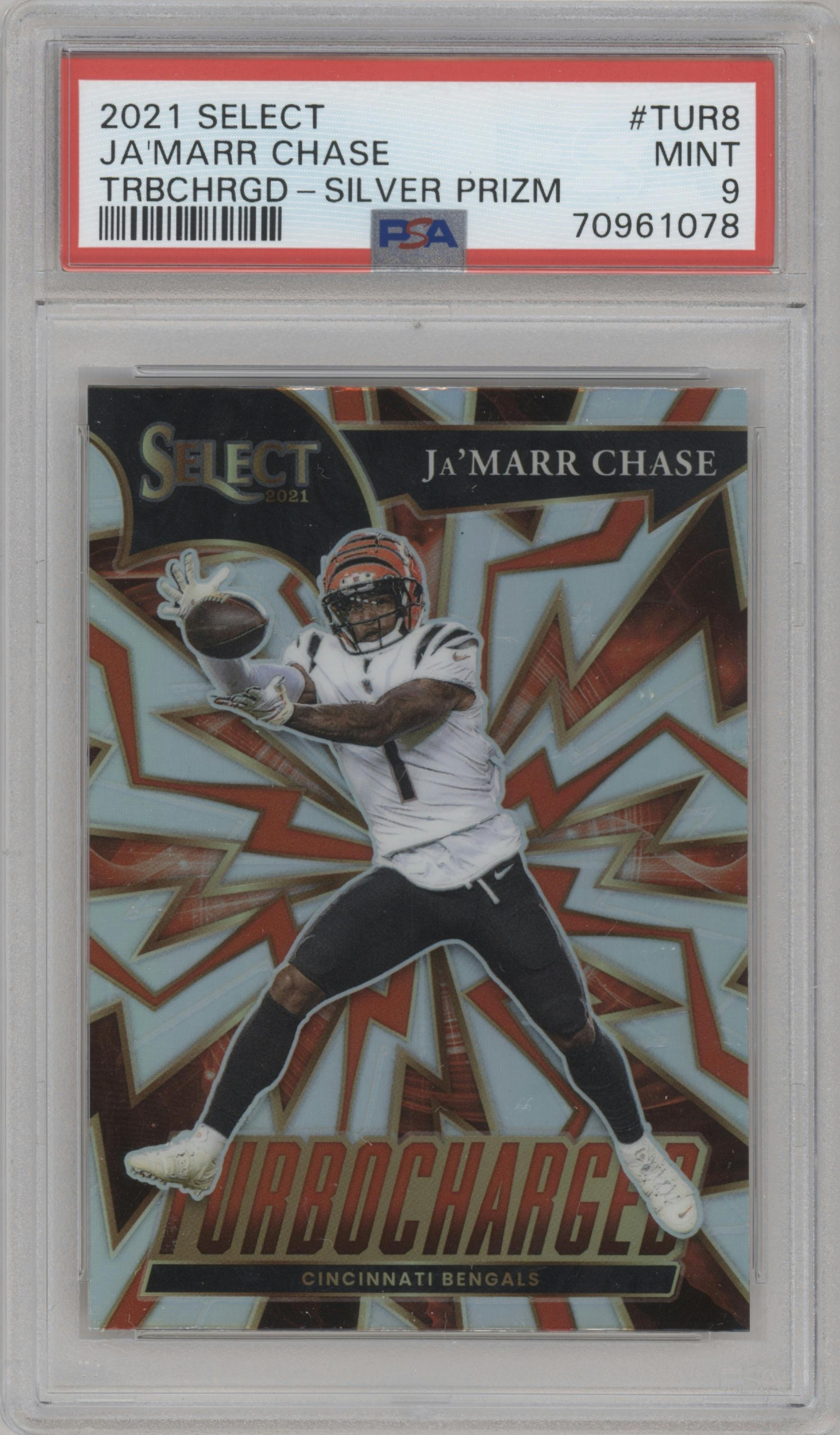 Ja'Marr Chase from the 2021 Panini Select set featuring a Silver Prizm parallel graded by PSA and given an overall grade of 9.
