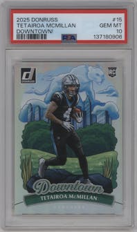 Tetairoa McMillan from the 2025 Panini Donruss set graded by PSA and given an overall grade of 10.