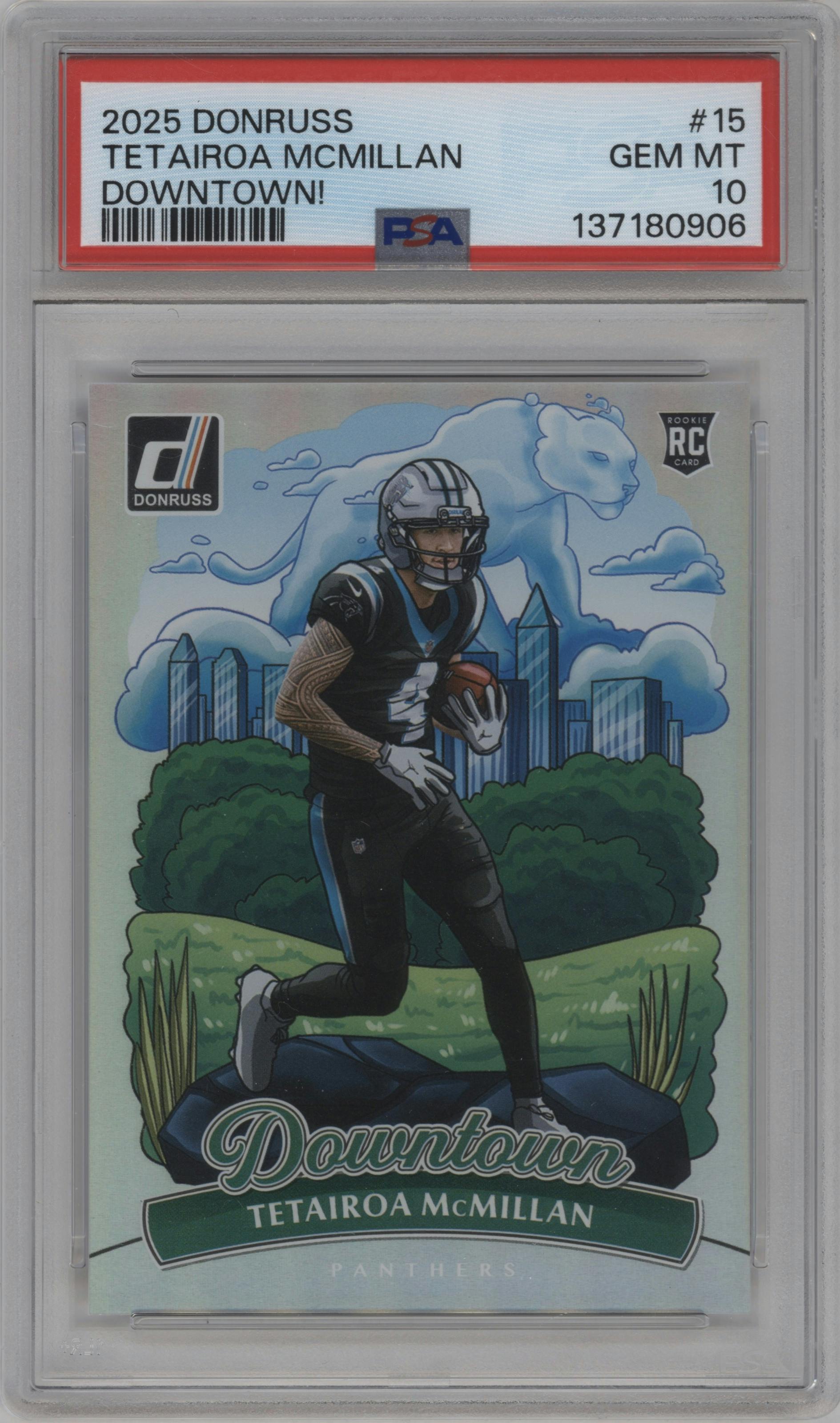 Tetairoa McMillan from the 2025 Panini Donruss set graded by PSA and given an overall grade of 10.